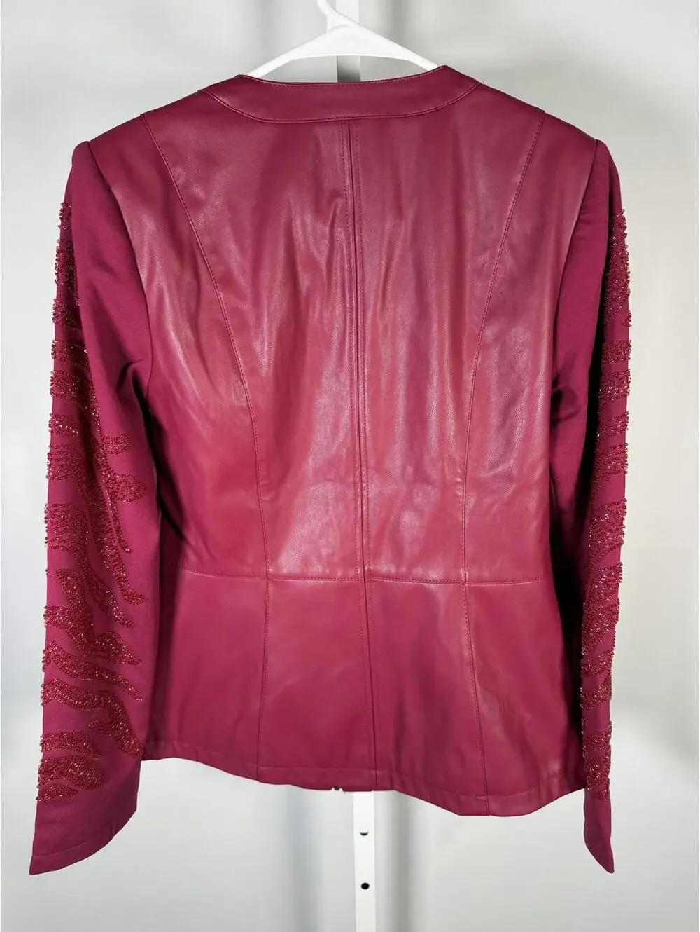 NWT Colleen Lopez Beaded Mesh Sleeve Faux Leather Moto Jacket Size XS - Picture 4 of 8